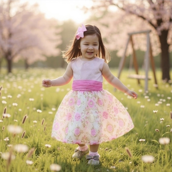 Truly Scrumptious ✦ Pink & Gold Floral Party Dress ✦ Toddler 24M w/ Bow-Tie Back - Picture 2 of 13